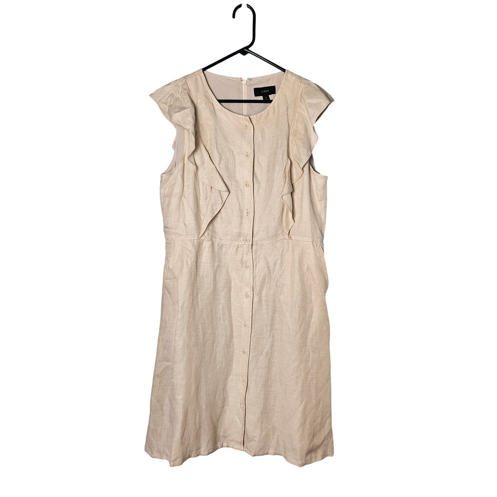 J.Crew Ruffle Linen Cupro Button Dress Beige Womens Size 14